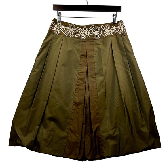Anthropologie ODILLE Olive Green Preppy Indie Embroidered A-Line Skirt Sz 4 - Picture 3 of 7
